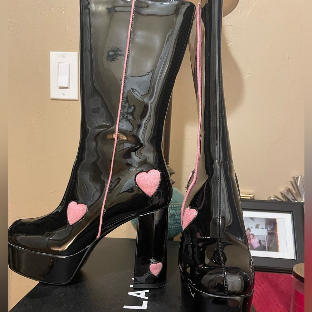 Lamoda Platform Black Boots w/ Pink hearts
